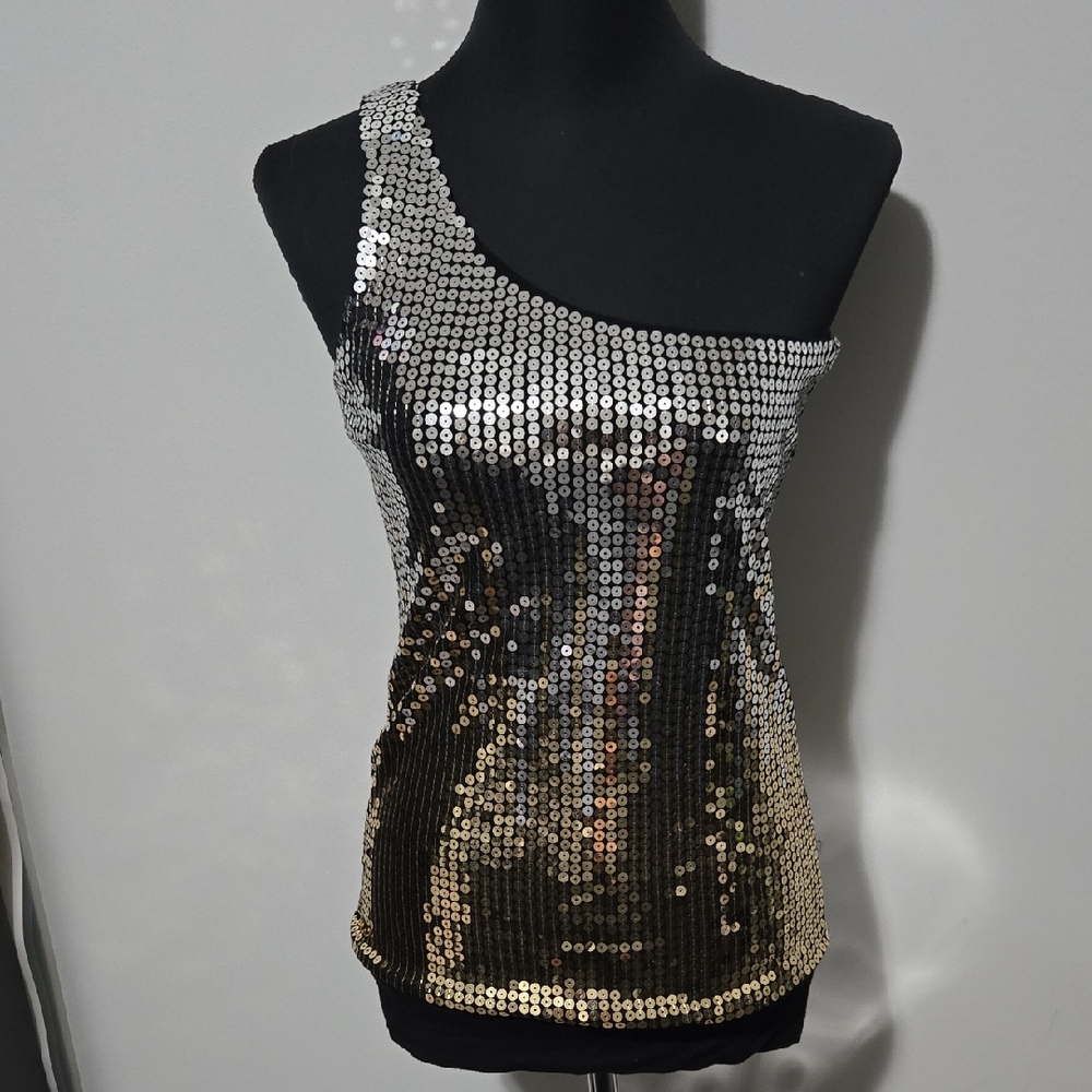Guess Black and Gold Sequin One-Shoulder Top